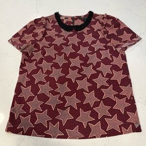 Maison Scotch Maroon and Coral Star Blouse with Beaded Peter Pan Collar (2)